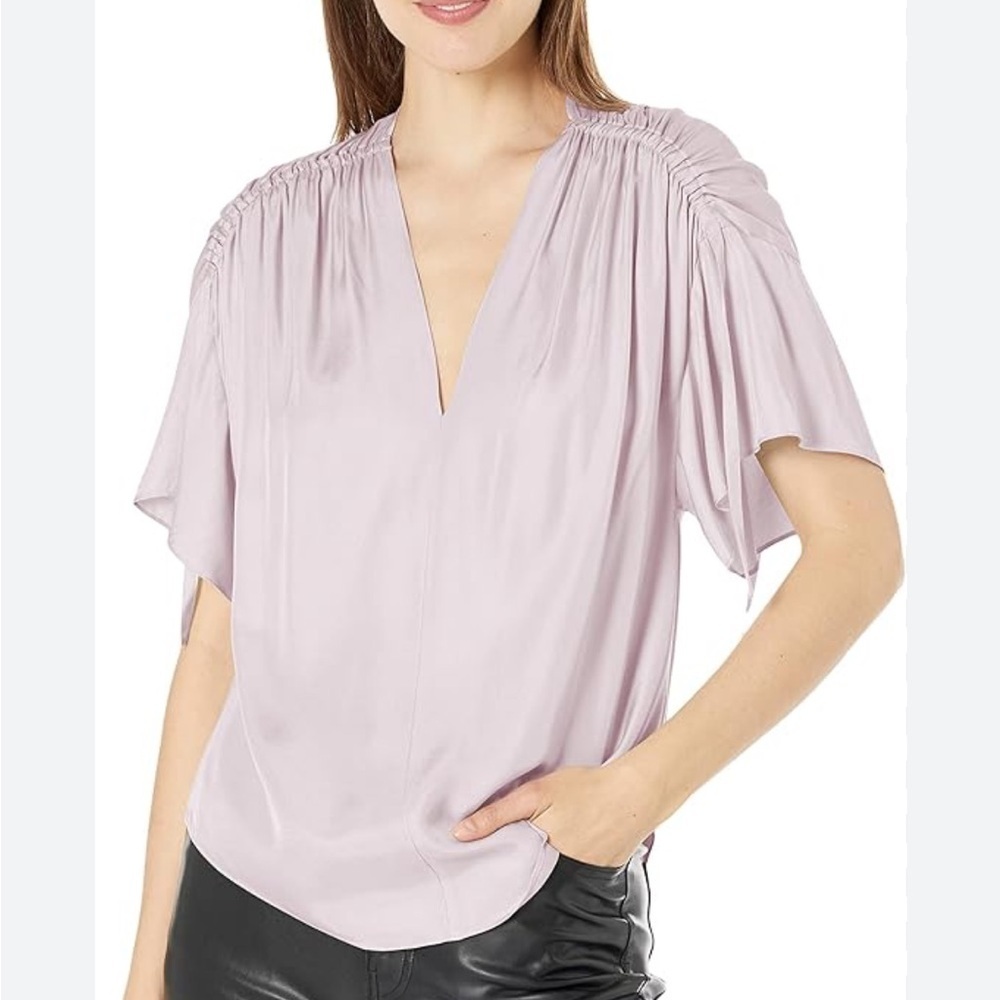 Vince NWT Ruched Flutter Sleeve Blouse in Violetta SILK Blend Sz S - Picture 10 of 10